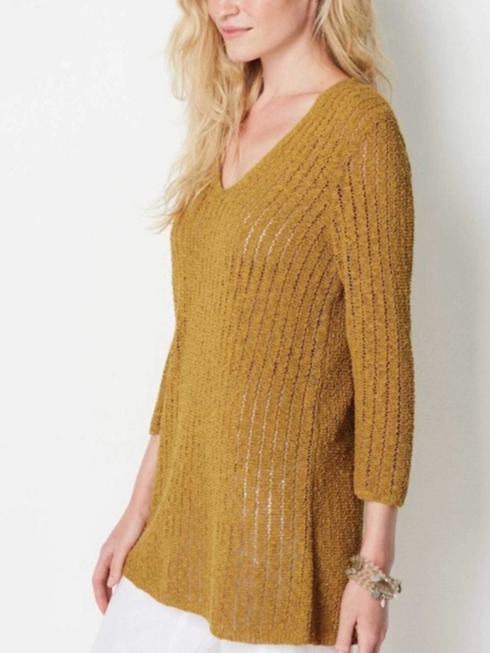 J. Jill Mustard V-Neck Open Knit Tunic Sweater medium
